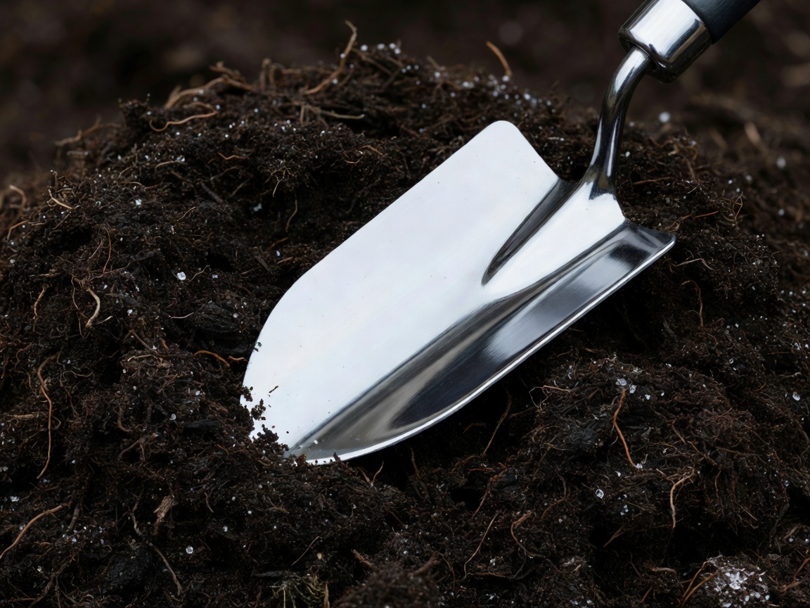A freshly polished steel trowel resting on rich, dark potting soil