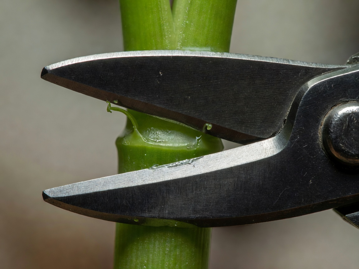 Macro detail of high carbon steel bypass pruning shears cutting a green stem